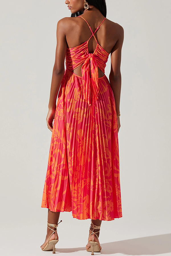 Wedding Party Season Floral Print Pleated Back Tie-up Midi Dress-consonak