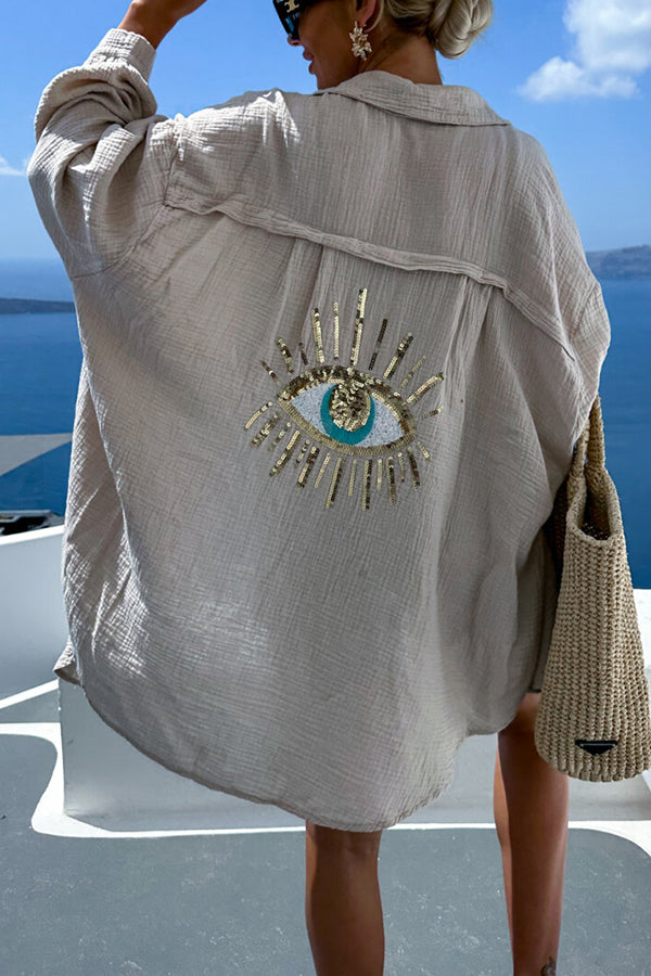Summer Breeze Linen Blend Sequin Magic Eye Desig Oversized Relax Shirt | Consonak