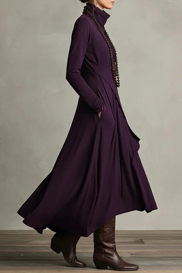Solid Color High-neck Long-sleeved Irregular Casual Maxi Dress-consonak