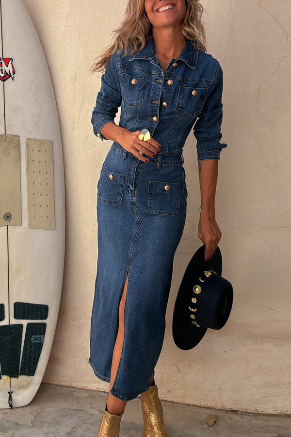 Tessy Denim Metal Button Zipper Shirt Stretch Pencil Slit Midi Dress | Consonak