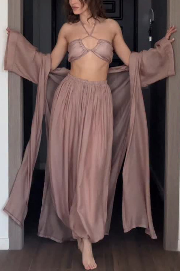Flowy Linen Blend Halter Tank & Elastic Waist Tie-up Wide Leg Pants & Kimono Cover-Ups 3pieces Set