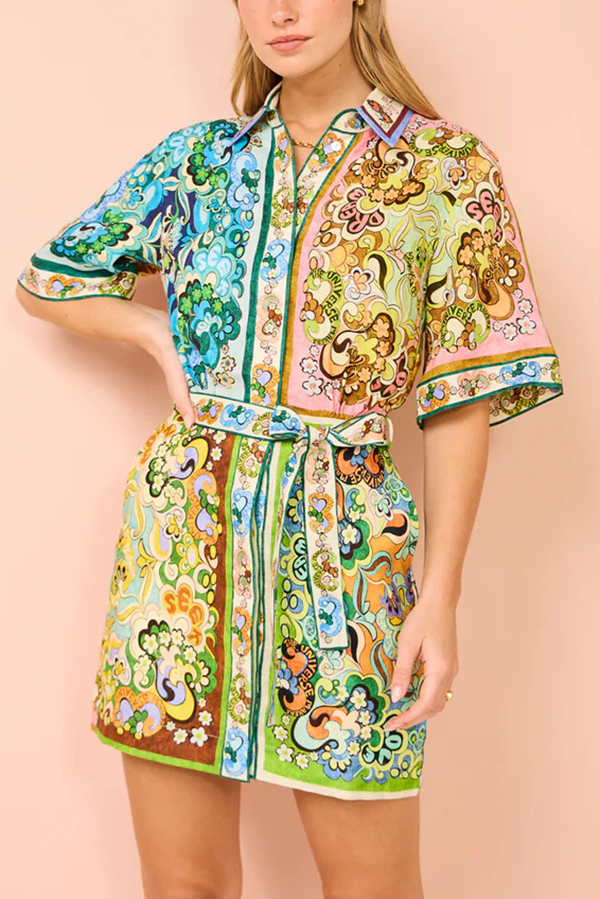 Sasha Linen Blend Unique Printed Shirt Style Tie-waist Mini Dress-consonak