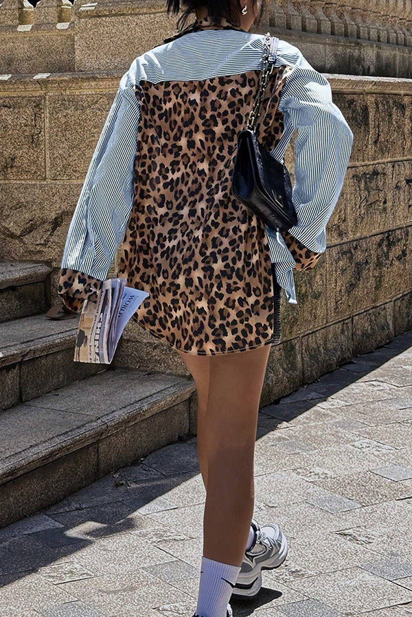 Stylish Striped Leopard Print Patchwork Loose Casual Long-sleeved Shirt-consonak