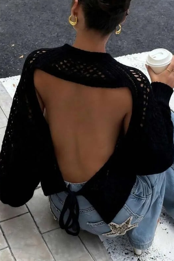 Fashionable Openwork Round Neck Long-sleeved Backless Tie Knit Sweater