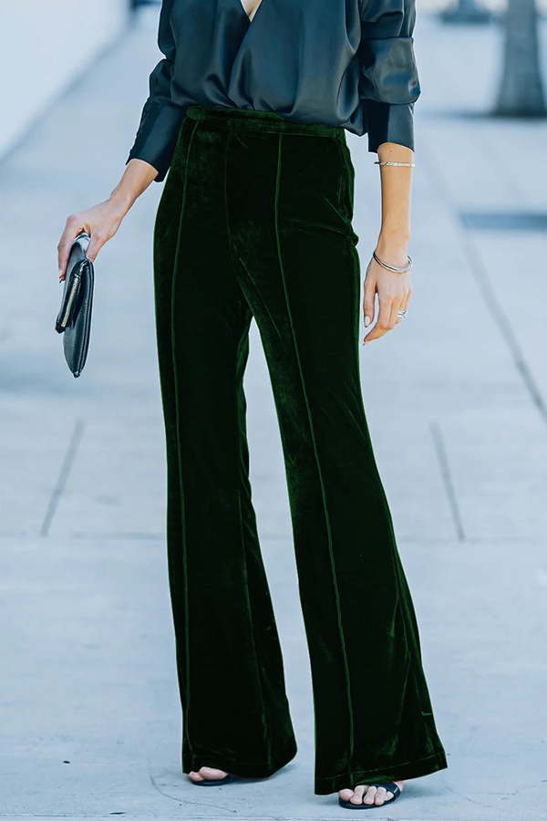Claudia Velvet High Rise Elastic Waist Flare Stretch Pants-consonak