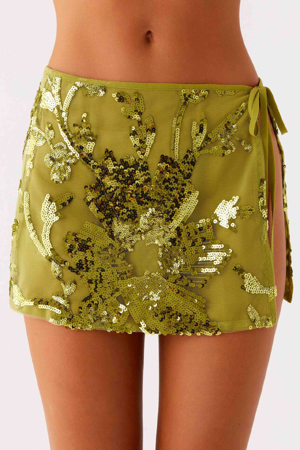 Stylish Sequined Tie-up Holiday Cover-up Mini Skirt-consonak
