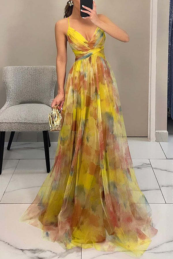 Ladies' summer princess chiffon printed hollow sexy waist and back lace up long dress-consonak