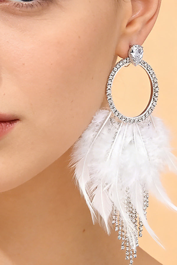 Rhinestone and Feather Tassel Earrings-Consonak