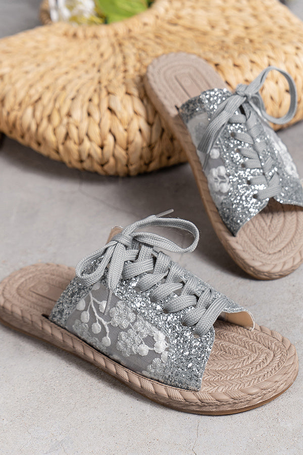 Sequined Mesh Embroidered Casual Strappy Flat Slippers-consonak