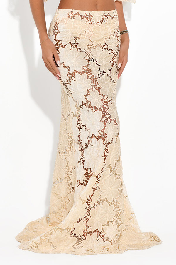 Modern Allure Floral Embroidery Lace Bell Sleeve Crop Top and High Rise Flare Maxi Skirt Set