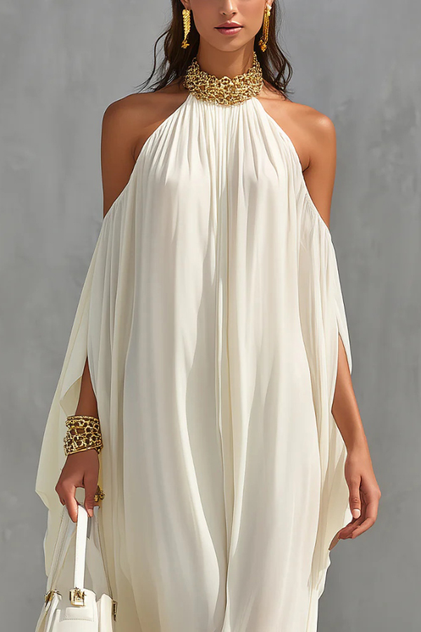 Fashionable Chiffon Metal Halter Neck Off-shoulder Elegant Loose-fitting Holiday Maxi Dress-Consonak