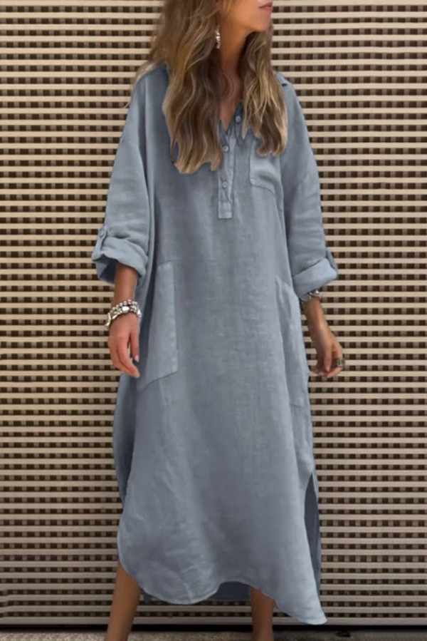 Solid Color Casual Button Pockets Irregular Hem Maxi Dress-consonak