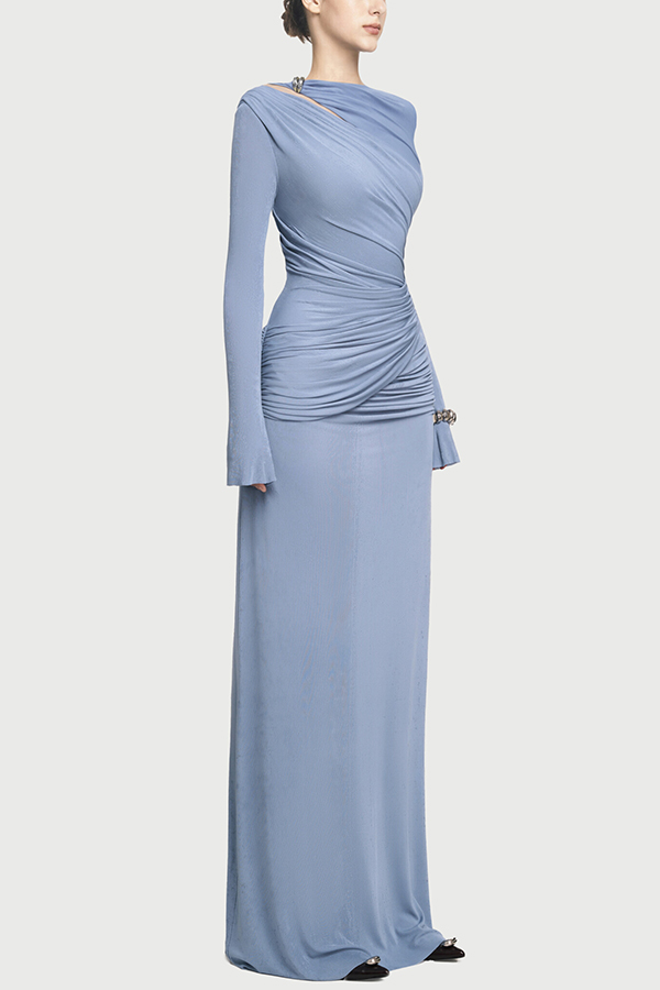 Stylish Long-sleeved Slim-fit Pleated Elegant Maxi Dress-consonak