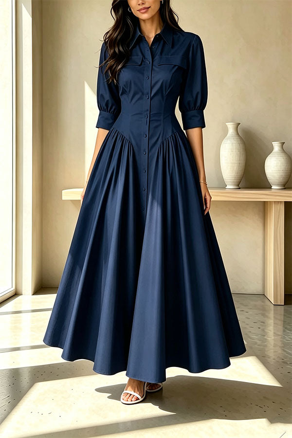 Elegant Linen Blend High Waisted Button Front Detail Pocket Shirt Umbrella Maxi Dress-Consonak