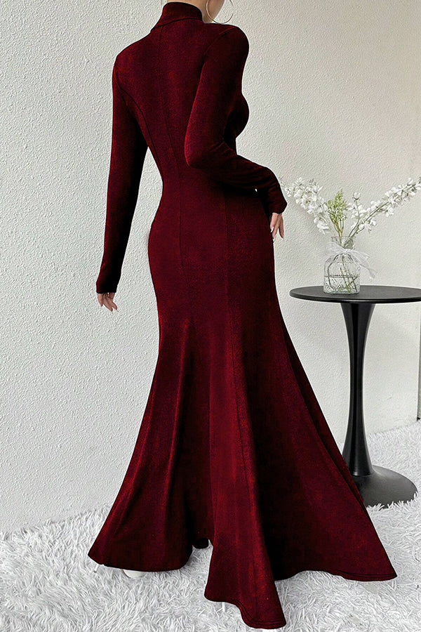 Solid Color High-neck Long-sleeved Slim-fit Fishtail Elegant Maxi Dress-consonak