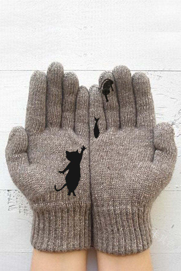Printed Knitted Gloves Short Thickened Warm Finger Gloves-Cat-consonak