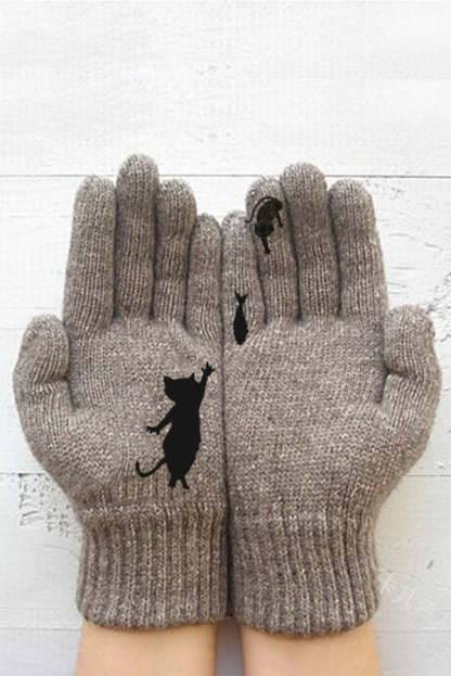 Printed Knitted Gloves Short Thickened Warm Finger Gloves-Cat-consonak