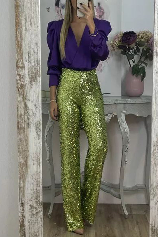 Glitzy Glamour Sequin High Rise Elastic Waist Wide Leg Pants | Consonak
