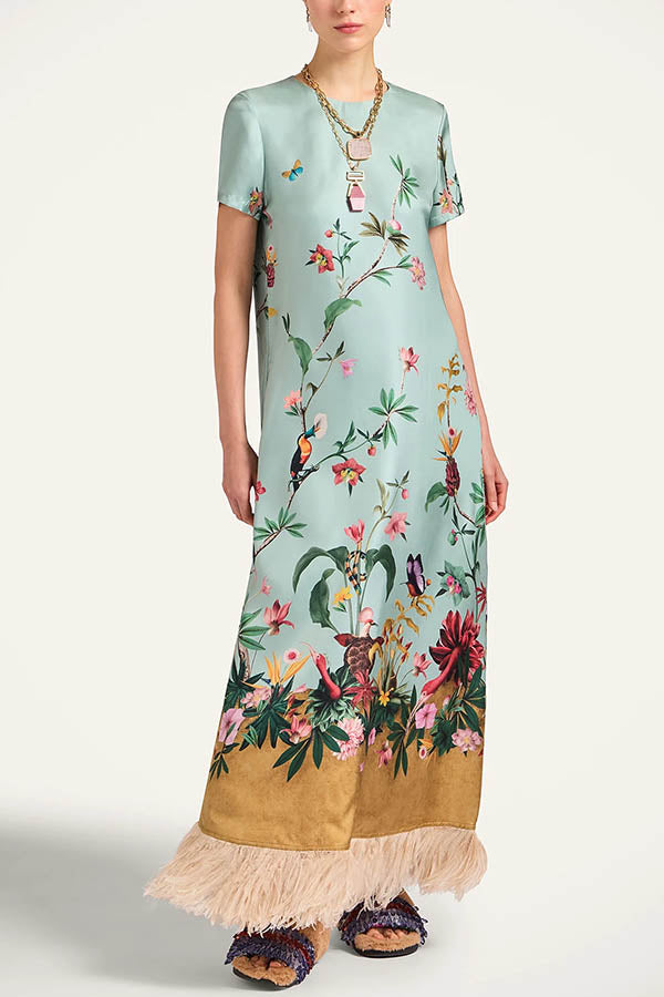 Mezcal Satin Floral Print Contrast Color Printed Short Sleeve Pocket Feather Trim Maxi Dress-Consonak