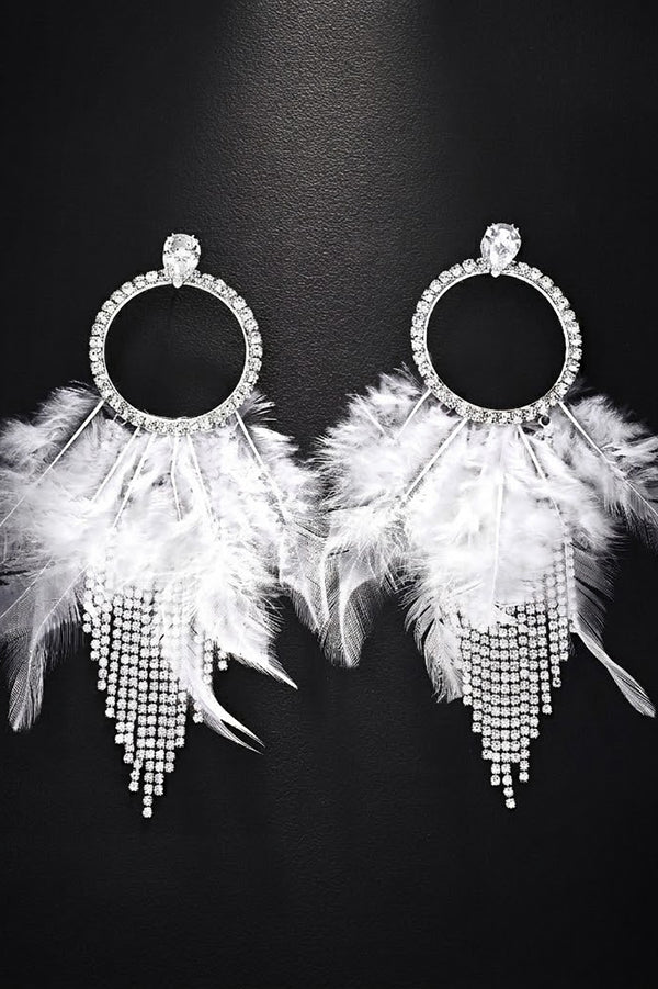 Rhinestone and Feather Tassel Earrings-Consonak