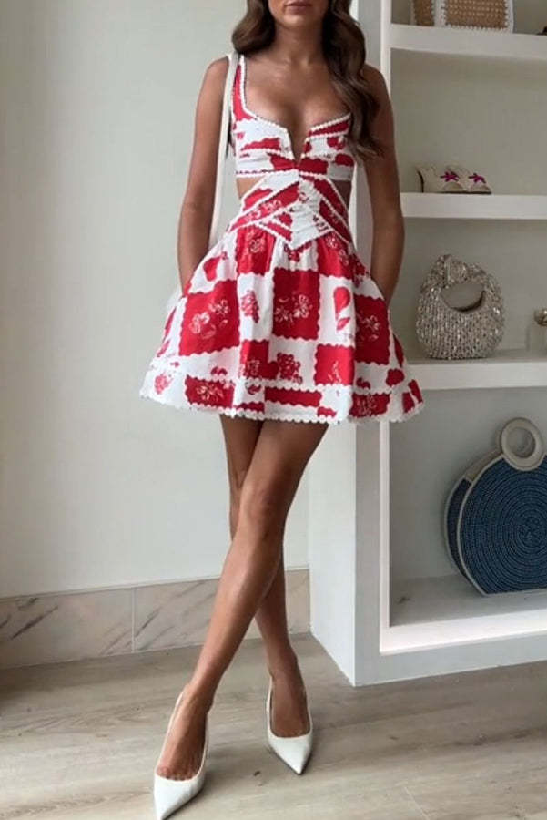 Lucia Linen Blend Ric Rac Trims Unique Print Cutout Pocketed Mini Dress-consonak