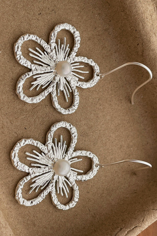 Pearl Openwork Flower Earrings-Consonak