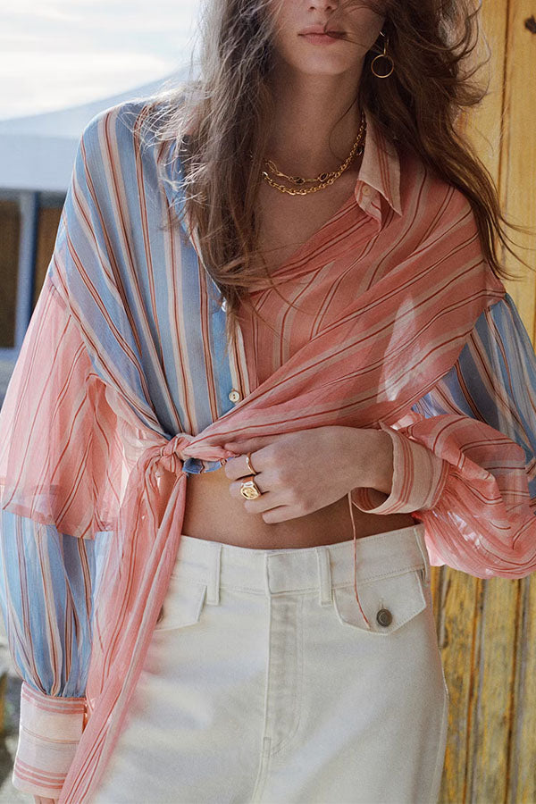 Plaid Wrap Tie Long Sleeve Shirt-Consonak