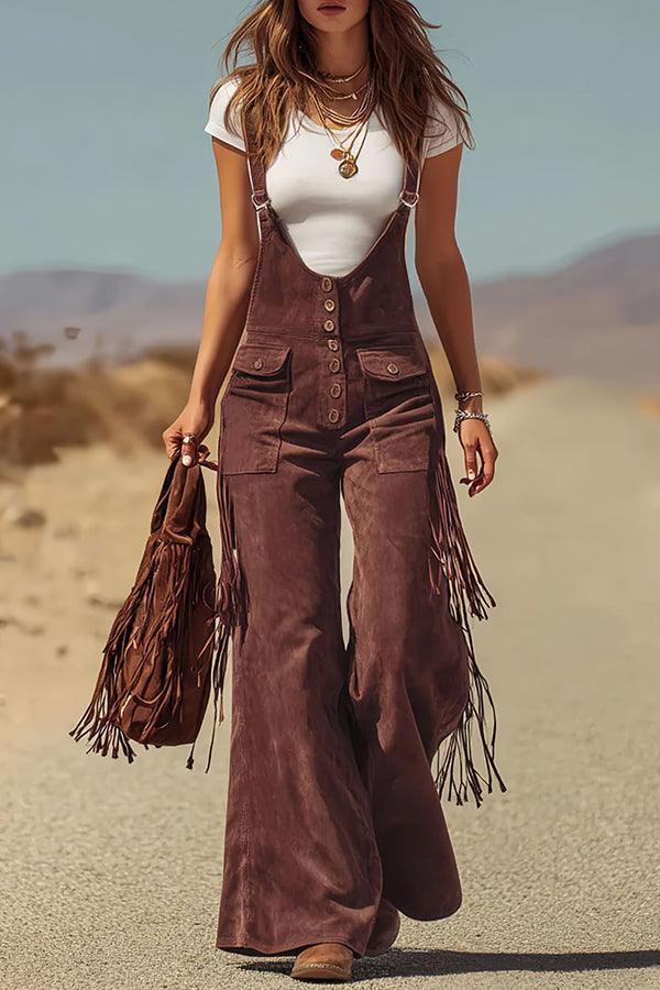 Stylish Suede Tassel Button Pocket Casual Wide-leg Overalls | Consonak