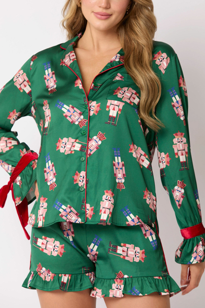 Christmas Fashion Printed Bow Tie Top and Elastic Waist Ruffle Shorts Set-consonak