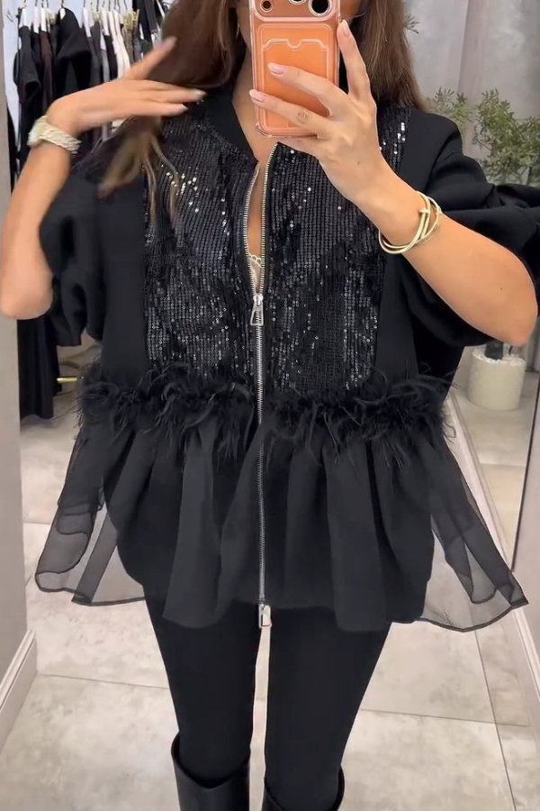 Fashionable Sequined Feather Patchwork Mesh Ruffled Hem Loose Zip-up J