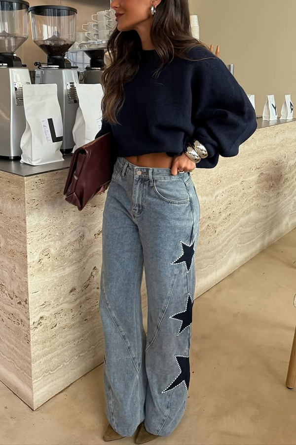 Jessy Denim Mid Rise Side Star Pattern Pocket Wide Leg Jeans | Consonak