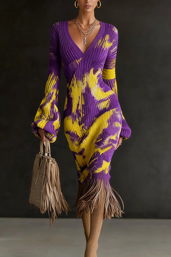 Unique Printed V-neck Long-sleeved Elegant Tassel Hem Midi Dress-consonak
