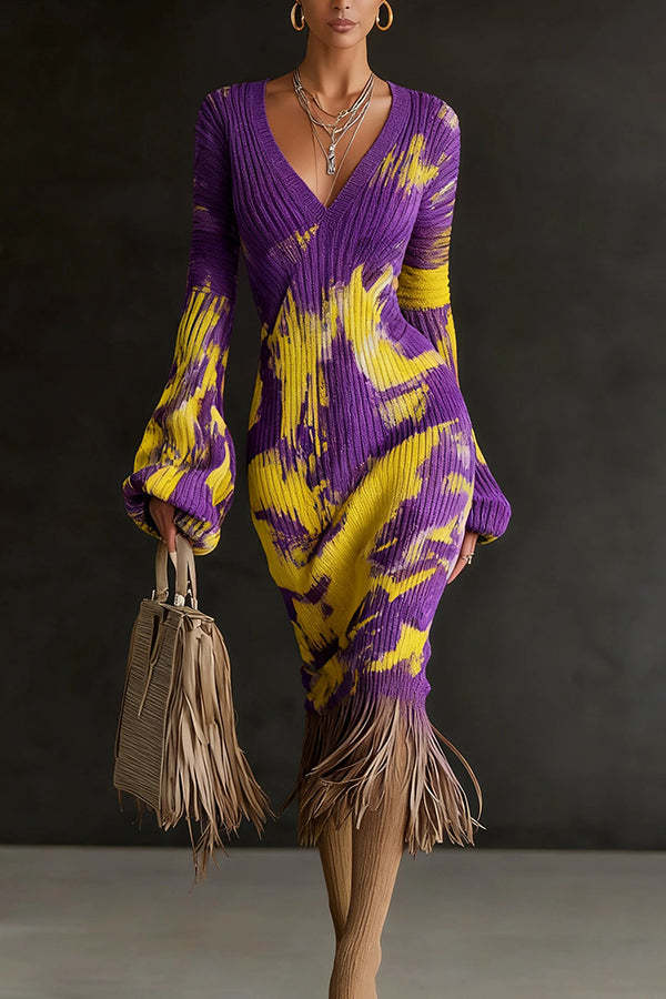 Unique Printed V-neck Long-sleeved Elegant Tassel Hem Midi Dress-consonak