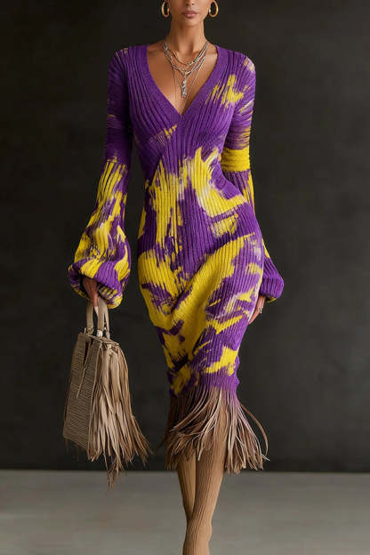 Unique Printed V-neck Long-sleeved Elegant Tassel Hem Midi Dress-consonak