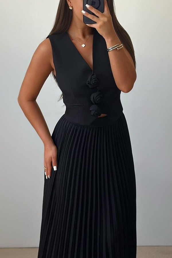 Stylish Rosette Sleeveless Tank Top and Pleated Maxi Skirt Set-consonak