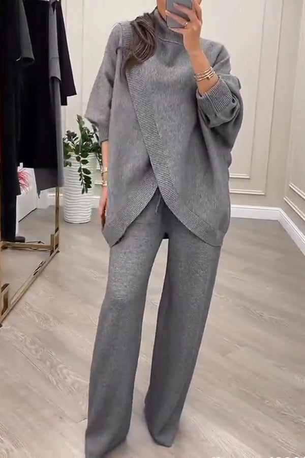 Solid Color Loose-fitting Turtleneck Knit Top and Elastic Waist Casual Pocket Straight Leg Pants-Consonak
