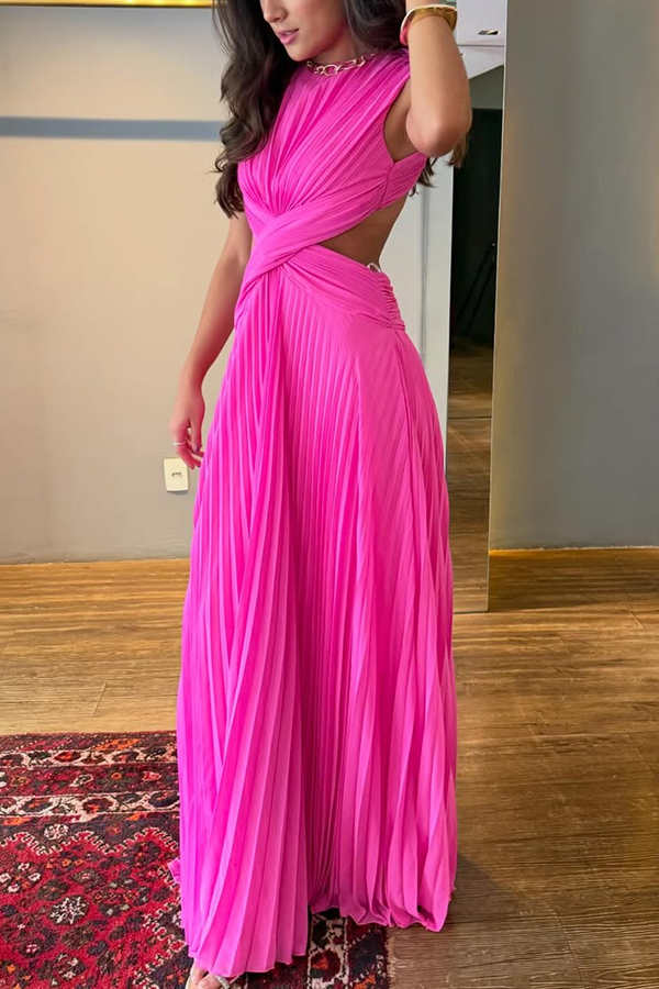 Tamia Pleated Chiffon Fabric Crossover Cutout Waist Open Back Maxi Dress-consonak