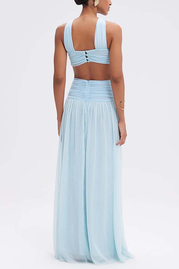 Graceful Modern Chiffon Twist Halter Neck Cutout Pleated Maxi Dress-consonak