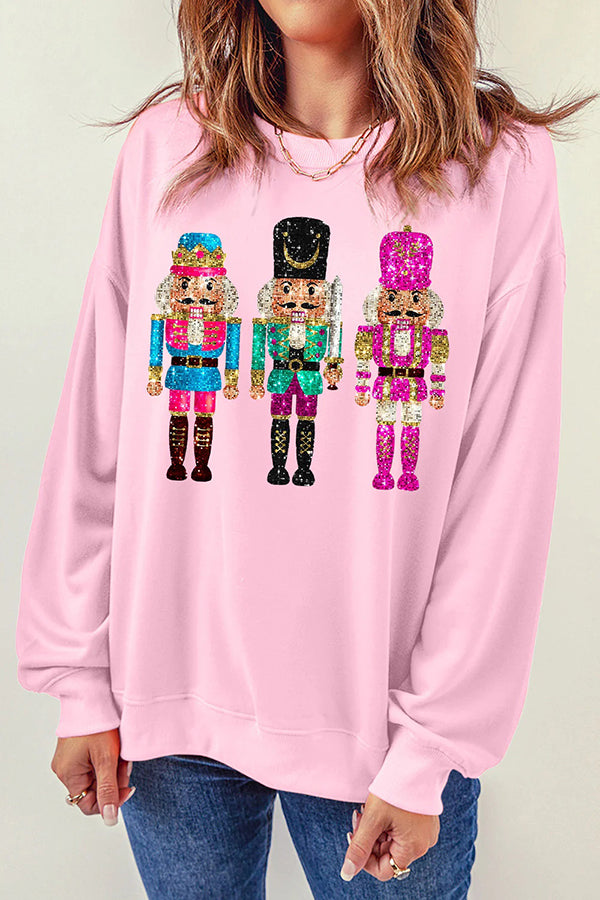 Christmas Soldier Sequin Loose Crew Neck Long Sleeve Sweatshirt-consonak