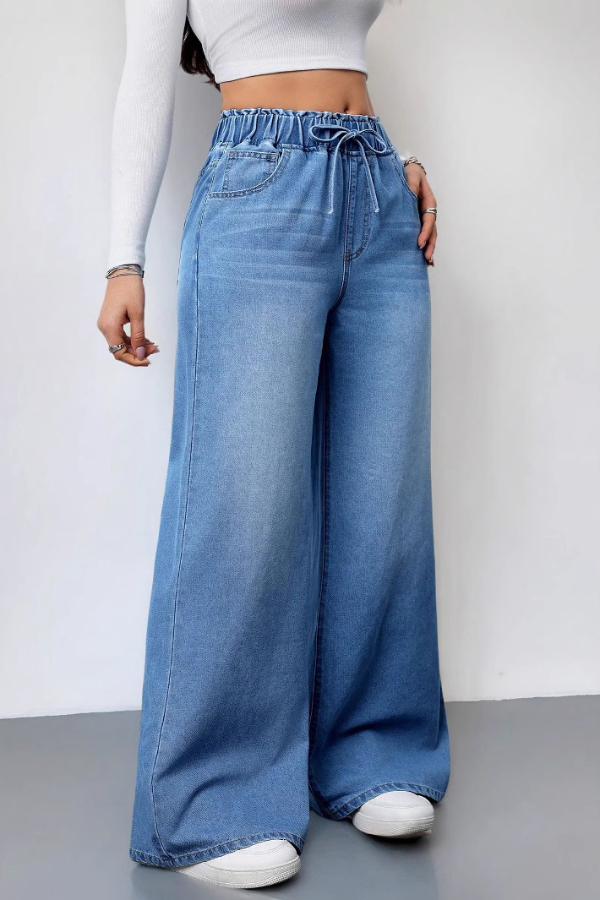 Solid Color Casual Elastic Waist Drawstring Loose Wide-leg Jeans | Consonak