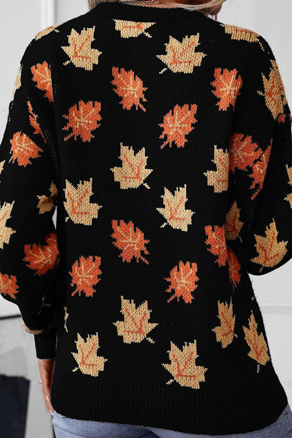 Maple Leaf Pattern Casual Loose Knitted Sweater-consonak