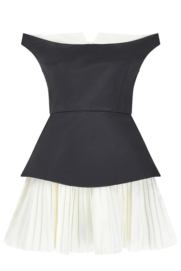 Love Unscripted Patchwork Off-shoulder Sleeveless Pleated Mini Dress-consonak