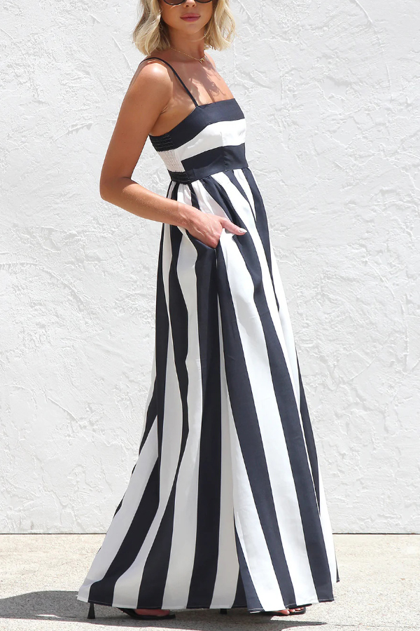 Color-blocked Striped Print Square Neck Suspender Casual Pocket Maxi Dress | Consonak