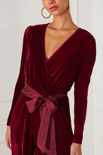 Love One Another Velvet Bow Belted Pocket Cutout Back Loose Jumpsuit-consonak