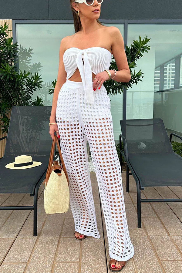 Riley Knit Front Knotted Bandeau and Stretch Hollow Out Wide Leg Pants Set-consonak