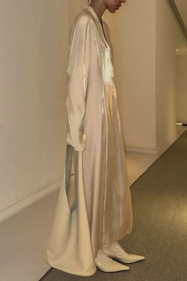 Solid Color Glossy V-neck Long Sleeve Casual Slit Maxi Dress-consonak