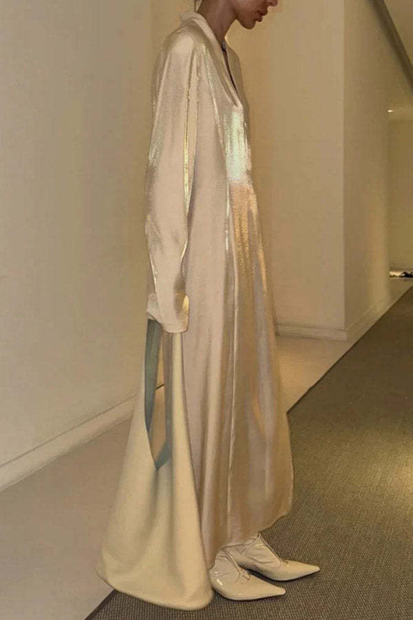 Solid Color Glossy V-neck Long Sleeve Casual Slit Maxi Dress-consonak