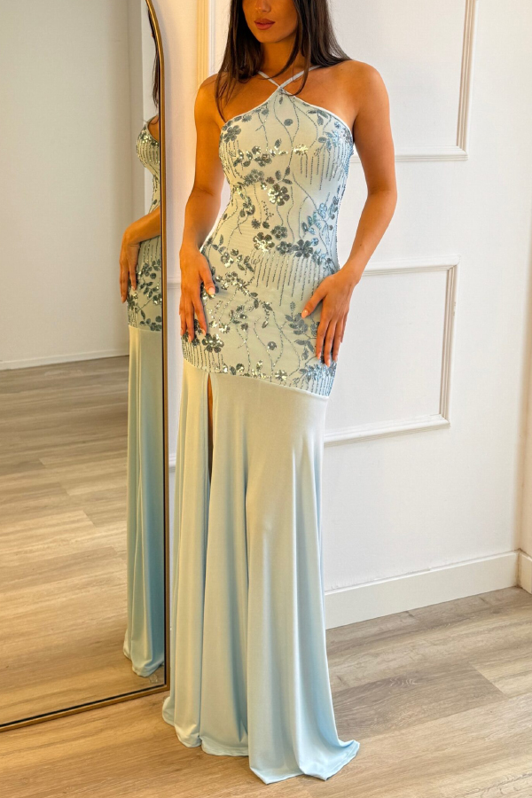 Fashionable Sequined Halter Neck Elegant Slim-fit Slit Maxi Dress-consonak