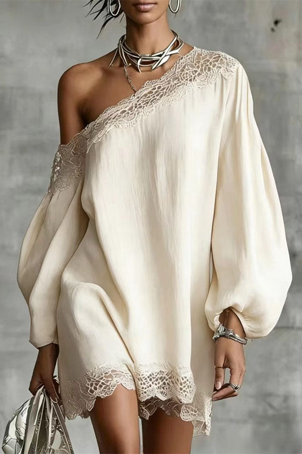 One-Shoulder Lace Trim Mini Dress-Consonak