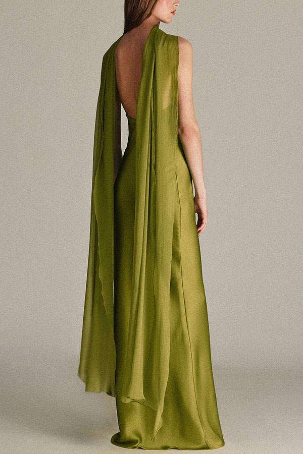 Elegant and Refined Satin Detachable Scarf-style Halter Maxi Dress | Consonak